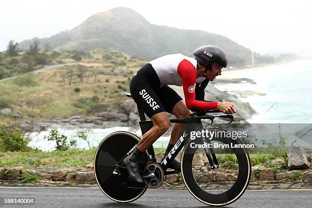 Fabian Cancellara of Switzerland competes in the Cycling Road Men's Individual Time Trial on Day 5 of the Rio 2016 Olympic Games at Pontal on August...