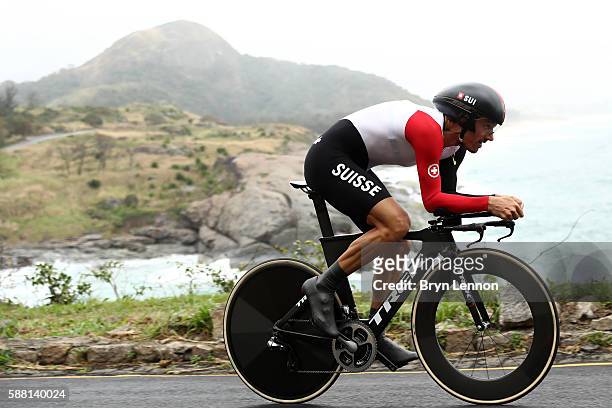 Fabian Cancellara of Switzerland competes in the Cycling Road Men's Individual Time Trial on Day 5 of the Rio 2016 Olympic Games at Pontal on August...
