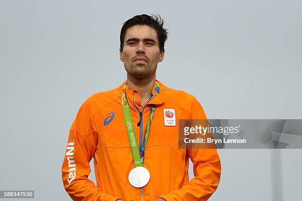 Silver medalist Tom Dumoulin of the Netherlands stands on the podium at the medal ceremony for the Cycling Road Men's Individual Time Trial on Day 5...