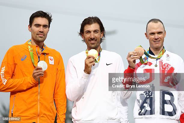Silver medalist Tom Dumoulin of the Netherlands, gold medalist Fabian Cancellara of Switzerland and ronze medalist Christopher Froome of Great...