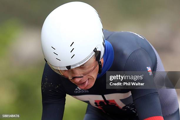 Christopher Froome of Great Britain crosses the finish line in the Cycling Road Men's Individual Time Trial on Day 5 of the Rio 2016 Olympic Games at...