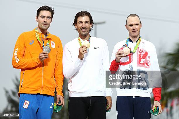 Silver medalist Tom Dumoulin of the Netherlands, gold medalist Fabian Cancellara of Switzerland and ronze medalist Christopher Froome of Great...
