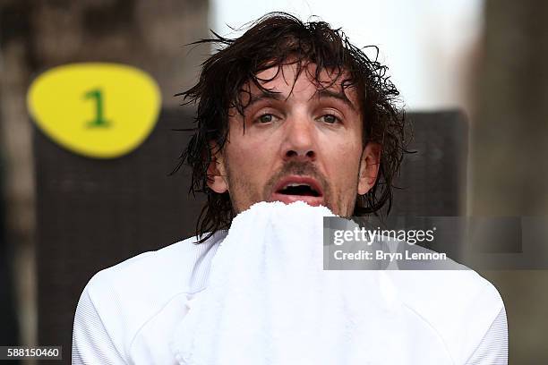 Fabian Cancellara of Switzerland reacts after competing in the Cycling Road Men's Individual Time Trial on Day 5 of the Rio 2016 Olympic Games at...