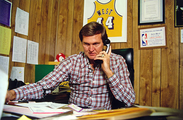 Jerry West, General Manager of the Los Angeles Lakers, sits at his desk circa 1987 at The Forum in Los Angeles, California. NOTE TO USER: User...