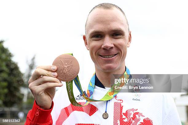 Bronze medalist Christopher Froome of Great Britain stands poses for a photo following the Cycling Road Men's Individual Time Trial on Day 5 of the...