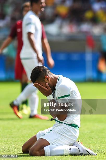 Houari Ferhani of Algeria reacts during the Men's Group D match between Algeria and Portugal on Day 5 of the Rio 2016 Olympic Games at Mineirao...