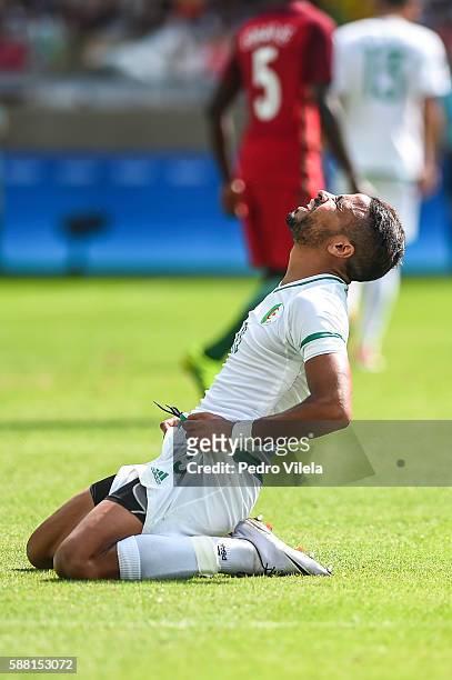 Houari Ferhani of Algeria reacts during the Men's Group D match between Algeria and Portugal on Day 5 of the Rio 2016 Olympic Games at Mineirao...
