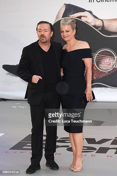 Ricky Gervais and Jane Fallon arrive for the World premiere "David Brent: Life On The Road" at Odeon Leicester Square on August 10, 2016 in London,...