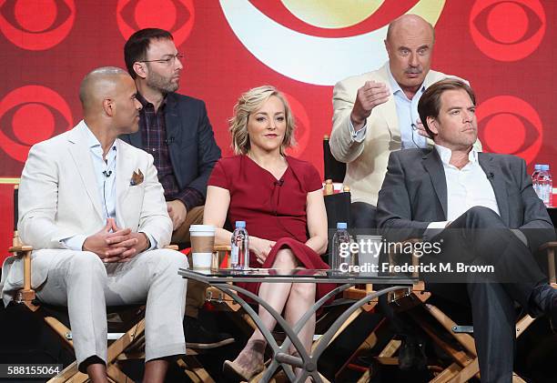 Executive producer Mark Goffman and executive producer Dr. Phil McGraw actors Christopher Jackson, Geneva Carr and Michael Weatherly speak onstage at...