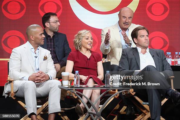 Executive producer Mark Goffman and executive producer Dr. Phil McGraw actors Christopher Jackson, Geneva Carr and Michael Weatherly speak onstage at...