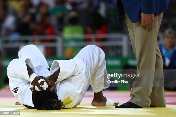 Gevrise Emane of France reacts against Sally Conway of Great Britain during a Women's -70kg bout on Day 5 of the Rio 2016 Olympic Games at Carioca...