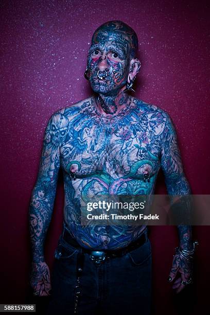 Display of extreme tattoos: Dennis Lang displays his tattoos at the 12th Annual New York City Tattoo Convention at Roseland Ballroom in Manhattan.