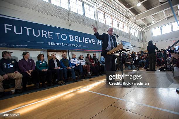 Democratic Presidential candidate Senator Bernie Sanders speaking during a campaign stop at the Peterborough Community Center in Peterborough, NH on...