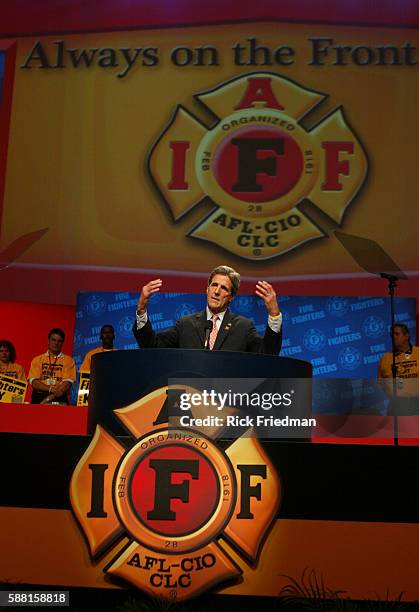 Sen.John Kerry speaks at the International Association of Fire Fighters convention at the John B. Hynes Convention Center in Boston. Responding to a...