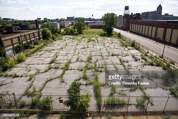 Empty lot overgrown with weeds. The decades-long decline of the U.S. Automobile industry is acutely reflected in the urban decay of Detroit, the city...