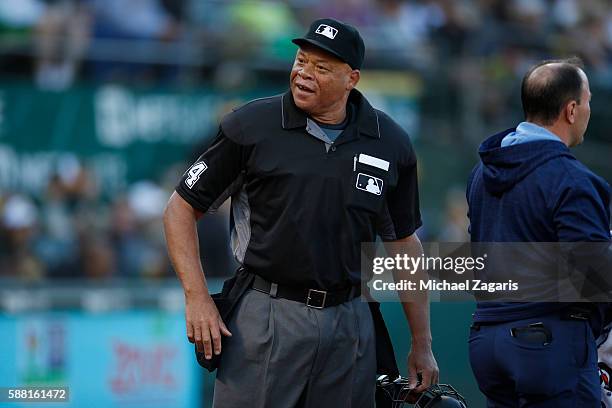 Umpire Kerwin Danley of the Tampa Bay Rays stands on the field during the game against the Oakland Athletics at the Oakland Coliseum on July 23, 2016...