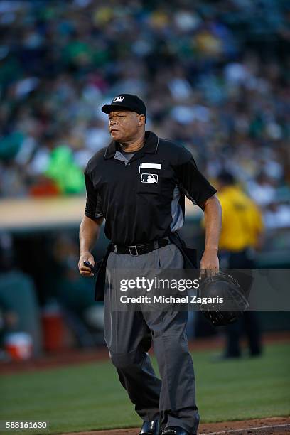 Umpire Kerwin Danley of the Tampa Bay Rays stands on the field during the game against the Oakland Athletics at the Oakland Coliseum on July 23, 2016...