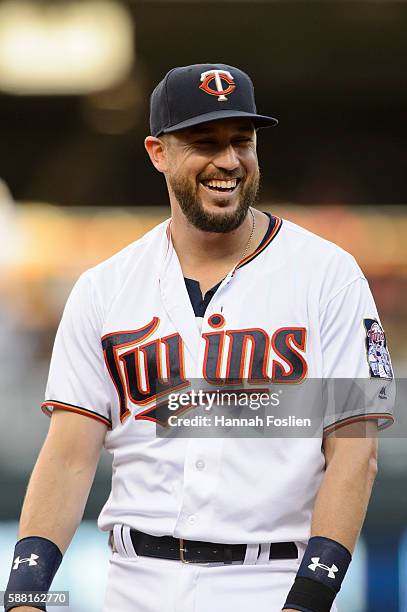 Trevor Plouffe of the Minnesota Twins looks on before the game against the Houston Astros on August 8, 2016 at Target Field in Minneapolis,...