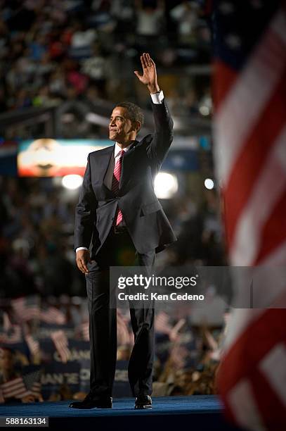 Democratic presidential nominee Senator Barack Obama addresses the Democratic National Convention at Invesco field in Denver, Colorado.