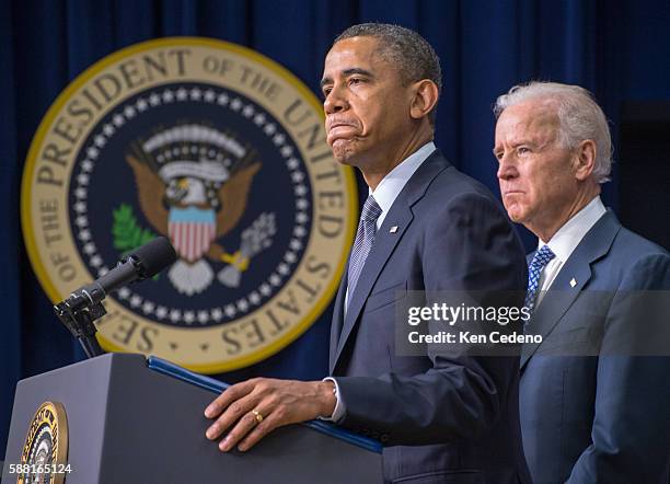 President Barak Obama announces the administration's new gun law proposals to reduce gun violence January 16, 2013 in Washington D.C while Vice...