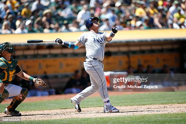 Oswaldo Arcia of the Tampa Bay Rays bats during the game against the Oakland Athletics at the Oakland Coliseum on July 24, 2016 in Oakland,...