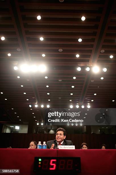 Attorney General Alberto Gonzales testifies before the Senate Judiciary Committee defending the President's "Terrorist Surveillance Program" in...