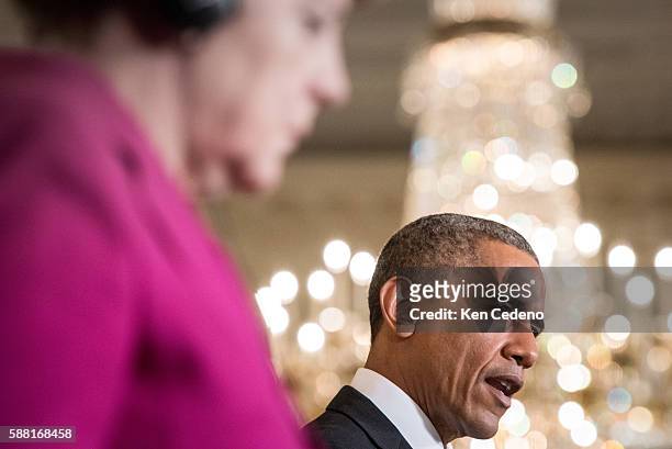 President Barack Obama meets with German Chancellor Angela Merkel in the East Room of the White House Monday February 9, 2015. Obama and Merkek met...