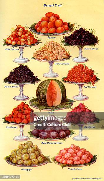 Mrs Beeton s cookery book - dessert fruit : Apricots, White cherries, Black cherries; White, black and red currants, Melon, Strawberries,...