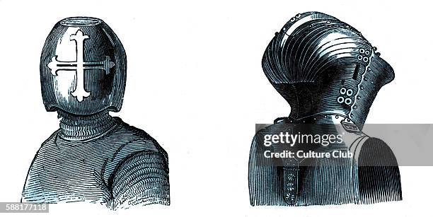 Tournament helmets, dating from the end of the thirteenth century and end of the fifteenth century .