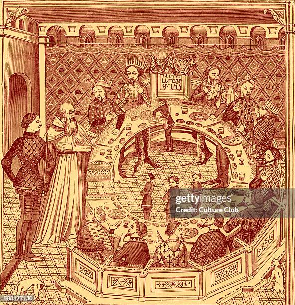 King Arthurs Round Table, reproduced from a fourteenth century miniature. The Round Table first appeared in Waces Roman de Brut, and came to be a...