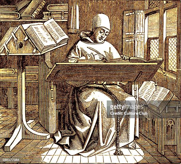 Scribe or copyist writing at his desk. Reproduced from a fifteenth century miniature.