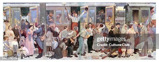 Mobilisation train leaving Gare de lEst, Paris during the First World War. Soldiers parting from their loved ones and families. After painting by...