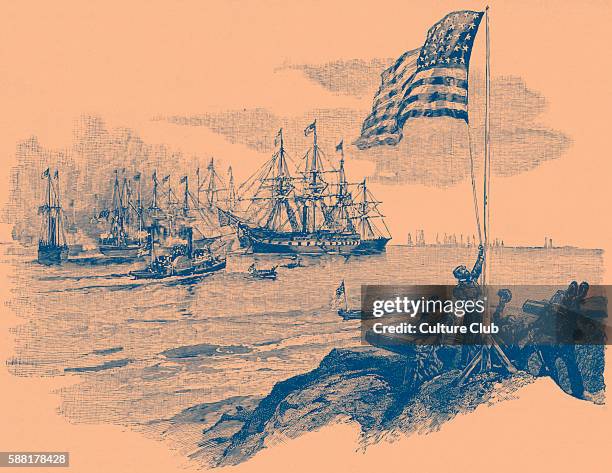 Hoisting of the Stars and Stripes over Fort Walker after the Battle of Port Royal on 7 November, 1861. American Civil War. The battle was one of the...