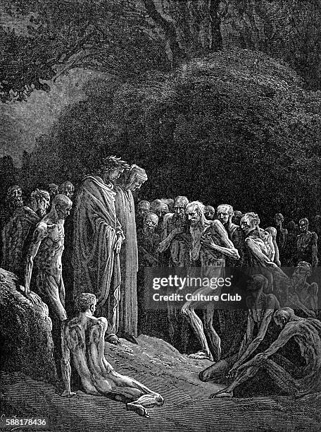 Dantes purgatory, part of his Divine Comedy. Illustration by Gustave Doré. Caption: The shadowy forms, that seemd things dead and dead again, drew in...