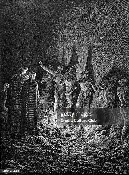 Dantes purgatory, part of his Divine Comedy. Illustration by Gustave Doré. Caption: And when I saw spirits along the flame proceeding, I between...