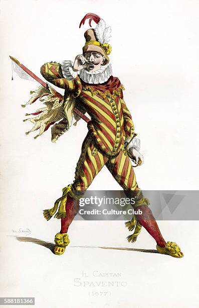 Il Capitano Spavento costume, 1577 - drawn by Maurice Sand, published in 1860. Commedia dell Arte character. Italian version of the Spanish Capitan...