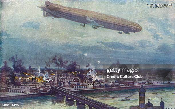 World War I - bombardment of Warsaw by the airship Schutte-Lanz . Watercolour by Hans Rudolf Schulze . Postcard printed in Berlin.