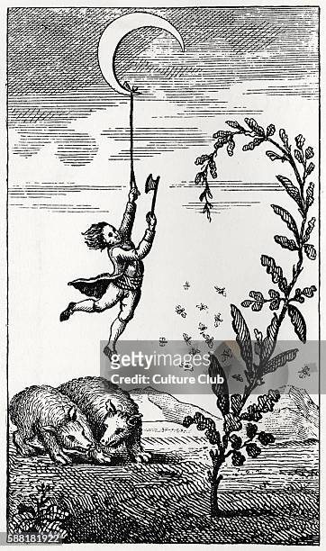 The Surprising Adventures of Baron Munchausen - Original illustration captioned: The Barons Descent from the Moon. The Baron is suspended by a rope...