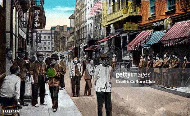 New York City - Pell Street in Chinatown. With men standing in the street. Colourised photo.