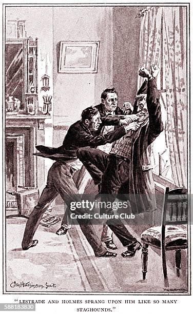 Study in Scarlet by Sir Arthur Conan Doyle - Sherlock Holmes and police detective Lestrade arresting Jefferson Hope, the murderer of Enoch Drebber &...