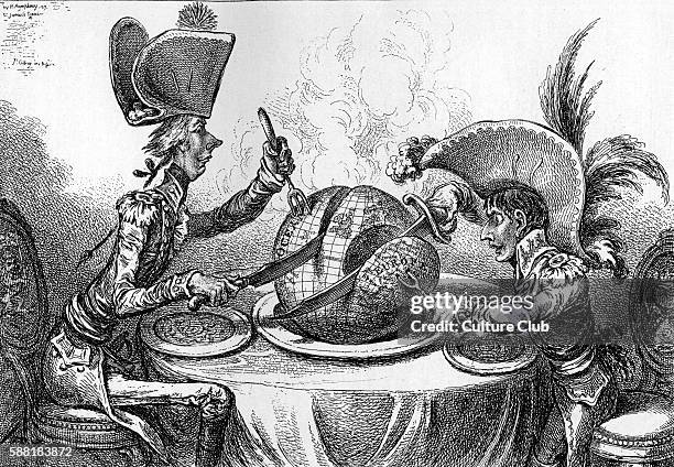 The Plum Pudding in Danger - English caricature showing the colonial powers carving up the world. On the left: William Pitt. On the right: Napoleon...