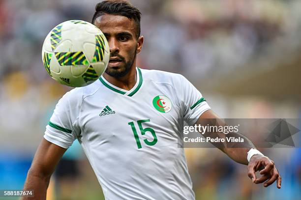 Houari Ferhani of Algeria in action during the Men's Group D match between Algeria and Portugal on Day 5 of the Rio 2016 Olympic Games at Mineirao...