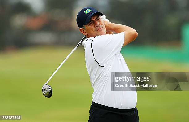 Adilson da Silva of Brazil hits a shot during a practice round on Day 4 of the Rio 2016 Olympic Games at Olympic Golf Course on August 10, 2016 in...