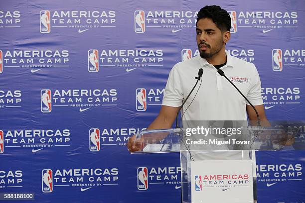 Player Jorge Gutierrez speaks during an NBA Americas Team Camp Press Conference at Centro Nacional de Desarrollo de Talento Deportivo y Alto...