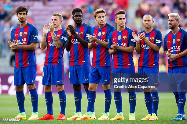 Andre Gomes, Lucas Digne, Samuel Umtiti, Sergi Samper, Denis Suarez, Andres Iniesta and Lionel Messi of FC Barcelona look on during the team official...