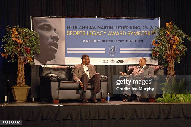 Anchor, John Saunders interviews NBA Legend, David Robinson during a MLK Sports Legacy Symposium before the Phoenix Suns game against the Memphis...