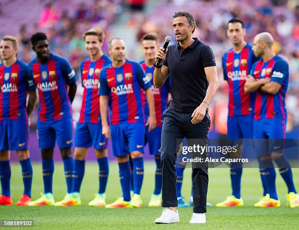 Head coach Luis Enrique Martinez of FC Barcelona speaks during the team official presentation ahead of the Joan Gamper trophy match between FC...