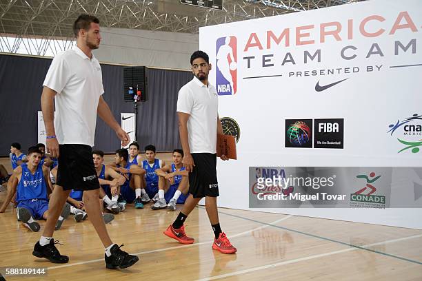 Players Danilo Gallinari and Jorge Gutierrez arrive for an NBA Americas Team Camp Press Conference at Centro Nacional de Desarrollo de Talento...