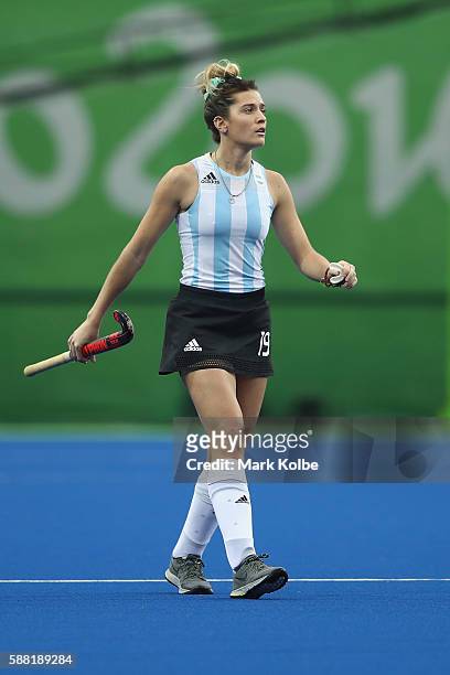 Agustina Albertarrio of Argentina watches on during the women's pool B match between Great Britain and Argentina on Day 5 of the Rio 2016 Olympic...