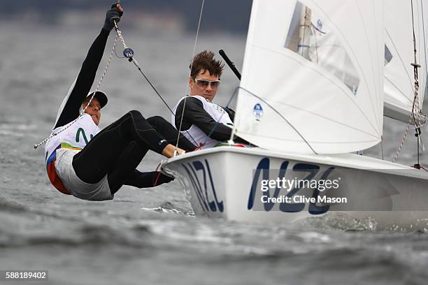 Paul Snow-Hansen of New Zealand and Daniel Willcox of New Zealand compete in the Men's 470 class on Day 5 of the Rio 2016 Olympic Games at the Marina...